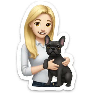 golden blonde woman with hugging dark gray french bulldog sticker