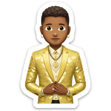 Usher with dark brown, pale yellow sequin suit jacket, shirtless with necklace sticker