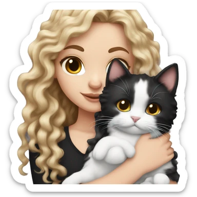 White Girl long curly brunette hair cuddling with black and white cat sticker