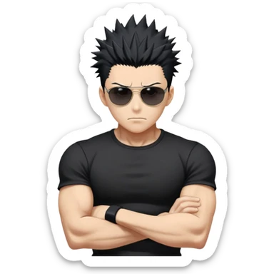 Satoru Gojo from Jujutsu Kaisen with spiky black hair, wearing form-fitting black t-shirt showing muscular build, confident expression, sunglasses on top of head sticker