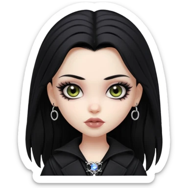 goth bratz baddie, beautiful hazel eyes, long black gothic hair styled, black goth clothes sticker
