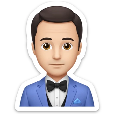 Freddie Prinze Jr with dark brown hair, periwinkle suit with bow tie sticker