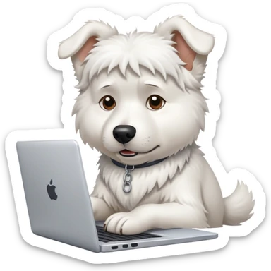 A busy white dog typing on a laptop looking stressed and overwhelmed sticker