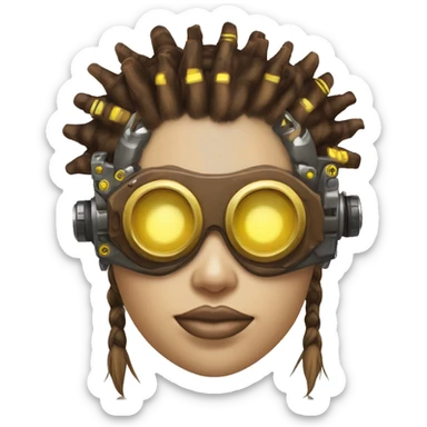 Brown with yellow streaks Mohawk hair female cyborg head, tan skin, steampunk goggles and circuits sticker
