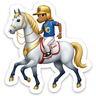 anthropomorphised horse dressed like a member of RUN DMC, hip-hop outfit, gold medal, baseball hat sticker