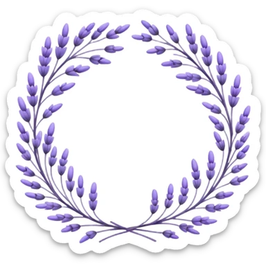 The art style is clean line art with delicate watercolor textures, pastel colors, and a dominant palette of lavender, soft lilac, and muted purple. A set of lavender wreaths, simple flower branches, and delicate frames to border text. sticker