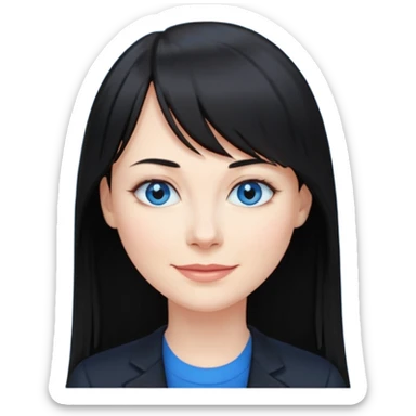 40 yr old woman long straight black hair, pale skin, blue eyes, black clothes, small smile, bangs sticker