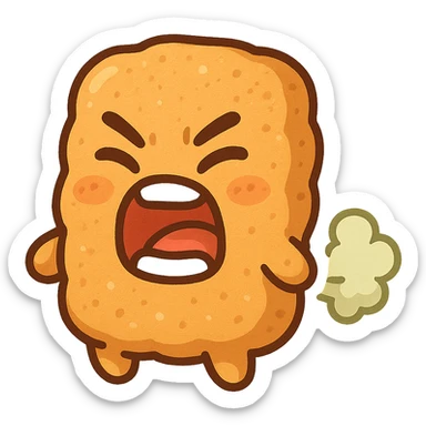 animated chicken nugget, mouth agape with teeth, releasing a fart cloud, fun and expressive style sticker