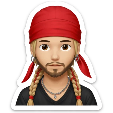 Tom kaulitz in 2005 with a bandana under a red cap, a lip ring and brown\blondish dreads up to his shoulders with no beard sticker