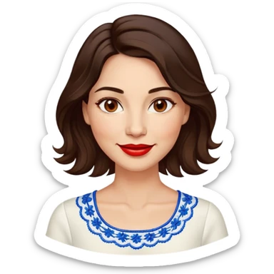 Confident 40-year-old woman with healthy glowing skin, round cheeks, warm smile, expressive light brown eyes, red lipstick, wavy dark brown shoulder-length hair, summery white top with blue embroidery and electric blue neckline sticker