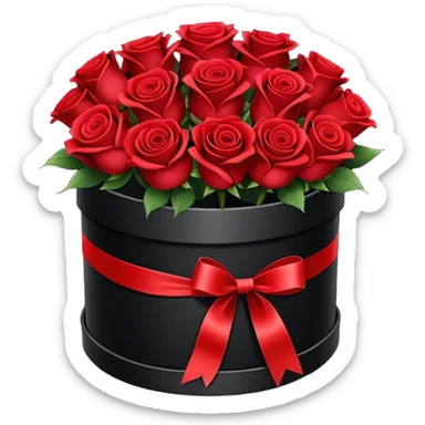 bouquet of 15 red roses in round black box with a red ribbon tied around the box sticker