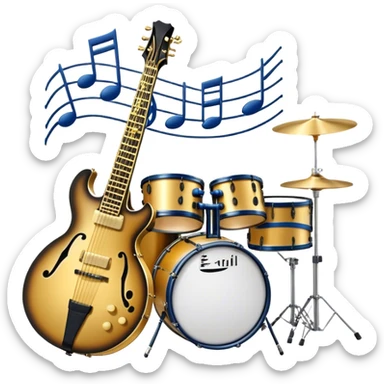 Create an elegant and artistic emoji that represents music arrangement and orchestration. The design should feature musical notes, a set of piano keys, a drum set, and an electric guitar to symbolize the diverse elements of orchestration and arrangement. Include a conductor's baton to emphasize the role of a conductor in bringing all the instruments together. Use a mix of rich colors like gold, silver, and deep blue for sophistication, and add flowing lines to represent the harmony between different instruments. The background should be transparent. sticker