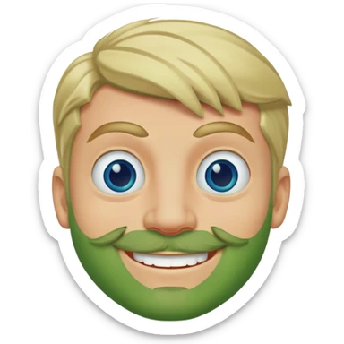 Can you create a Pepe with blond haur and a blond goatee men beard. Let the Skin of the Pepe still in green. give him a smile, blue, but reddened eyes eyes.  sticker
