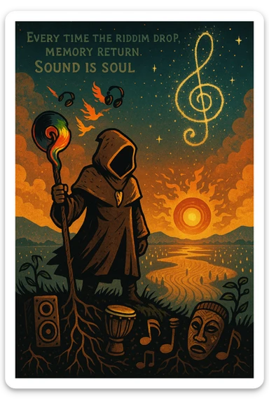 Create a mythical, animated-style poster set in a timeless world where sound is sacred. At the center, a hooded guardian of rhythm stands on a hill, overlooking a vast land shaped like a giant soundwave.

He holds a staff made of melted vinyl records, glowing with faint reggae colours — red, gold, and green. Around his neck is a lion’s fang pendant, and behind him, a swirling constellation shaped like a treble clef lights the sky.

From the earth, roots twist upward into musical notes, connecting instruments, speakers, and ancestral masks half-buried in the soil.

A flock of birds made from broken headphones and fire rises from the horizon — flying toward a glowing sun that pulses like a subwoofer.

Below, scattered across the valley, are tiny glowing embers — each one representing a soul still dancing, still alive.

In the sky, faint words form from the clouds:
“Every time the riddim drop, memory return. Sound is soul.”

The artwork should feel ancient, futuristic, and sacredly street — part graffiti, part prophecy, part roots revival. sticker