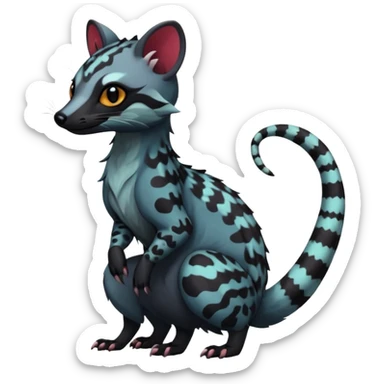 Rare warm-colored exotic edgy cute epic aesthetic spooky dark gothic colorful Genet-Salandit-Civet-species-Fakemon-hybrid-creature, with beautiful intricate markings, full body sticker