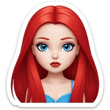 pretty bratz girl, bright red straight long hair, blue eyes, black eyeliner, white skin sticker
