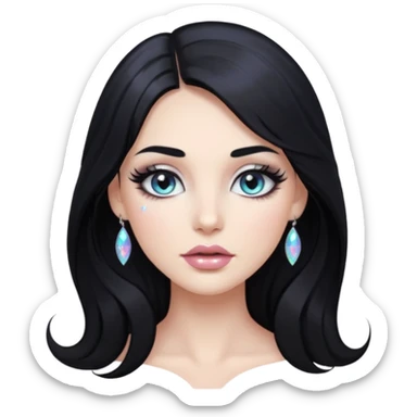 douyin long black hair silver grey eyes glossy lips glittery iridescent white eyeshadow girl sticker