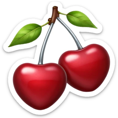 A pair of cherries emoji made of polished silver chrome, smooth rounded shapes, glossy metallic finish, soft highlights and reflections, cute proportions, iOS emoji style, centered, clean white background, no text sticker