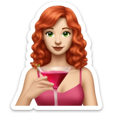 White caucasian woman in her 20s with red layered hair and bangs green eyes freckles wearing a red dress and holding a pink martini glass sticker