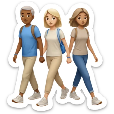 iOS emoji style - a men and 2 women in casual clothes and wearing trainers. Walking in the same direction quickly together. 
Not holding hands. No backpacks. 
 sticker