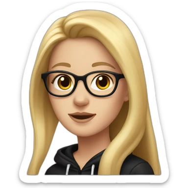 white girl with glasses and long blonde hair and black hoodie and a red doberman sticker