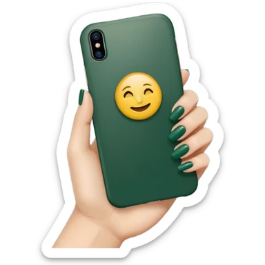 white iPhone in dark green case, back view, female hand with nude manicure holding the phone, emoji style sticker