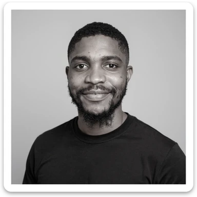 A professional portrait of me in monochrome. Plain black crew neck shirt. Tailored to LinkedIn. Tech boy vibe (programmer). I’m a black man from Nigeria. Retain facial features from attached image. Make face smoothie and healthy. No accessories. Light gray background to make subject more visible. sticker