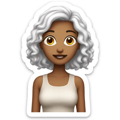 Uma mulher branca com cabelo curtos, cacheado, castanho com luzes sticker