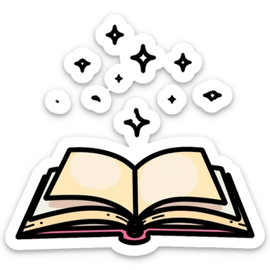 Colorful open book with magical sparkles floating above the pages sticker