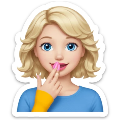 Girl Blonde short wavy hair,  blue eyes, cute blue top, long lashes, pink lips, smiling, hand covering the mouth sticker