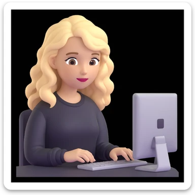 brown-eyed blonde young woman with wavy hair, wearing a black sweater, working on a computer in a cozy office sticker