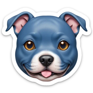 Cinematic Cute Blue Staffordshire Bull Terrier Portrait Emoji, Head tilted playfully and inquisitively, featuring a glossy blue Fur with a healthy sheen, round, sparkling dark eyes filled with curiosity, Simplified yet irresistibly adorable features, highly detailed, glowing with a warm, friendly glow, high shine, affectionate and spirited, stylized with a touch of whimsy, bright and endearing, soft glowing outline, capturing the essence of a mischievous yet loving pup, so playful it feels like it could bound out of the screen and into your arms! sticker