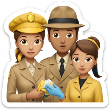 A cleaning Lady with Brown hair, high ponytail and yellow cleaning gloths is Talking to a Detektive (a man) with beige hat, a beige coat and he is interviewing the cleaning Lady sticker