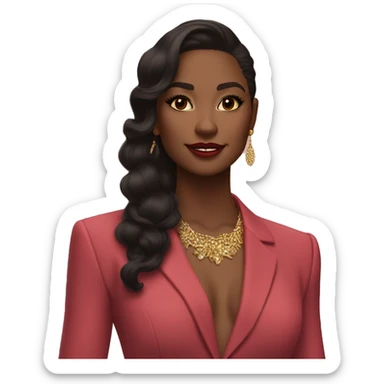 Sure! Here’s a super short version:

	•	Outfit: Deep red suit, gold jewelry, pink clutch.
	•	Hair: Black, half-up with a red ribbon.
	•	Skin: Warm tan, glowing.
	•	Makeup: Winged eyeliner, nude lips, soft blush.

Let me know if this works! sticker
