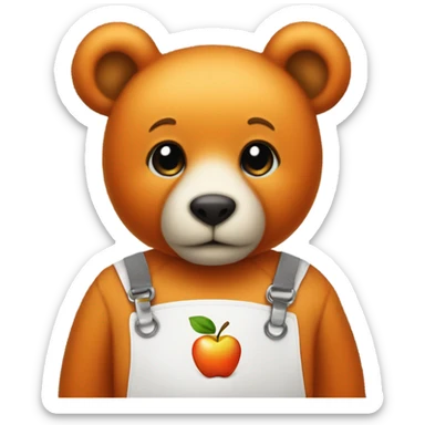 Small orange teddy bear wearing a bib with a picture of an apple on the bib  sticker