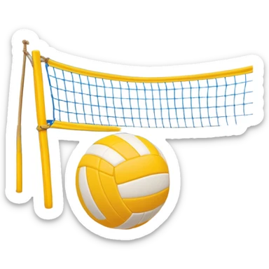 The scene captures the relaxed yet competitive vibe of beach volleyball, with warm sunlight and the natural beauty of the beach. A volleyball resting on the yellow sand on a beach, with the net in the background and a scenic view of the ocean and sky.  sticker