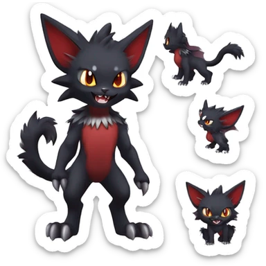   cool cute fantasy anime dark animal vampiric Litten-Zoroark-Nargacuga-cat-hybrid Fakemon with big fangs and bat-ears full body sticker