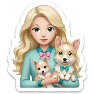 A white Long Wave blonde Hair Woman with blue-green eyes, with a Brown eyed White Shepard  in the arm ,the dog has a little bit beige in then end of the ears and a pink bow in neck . sticker