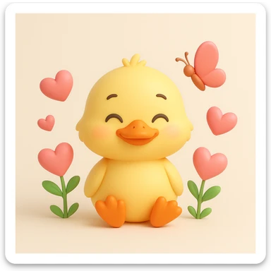 A cute duckling with closed eyes and a smile, surrounded by pink heart-shaped flowers and a butterfly, 3D iOS style, light beige background, yellow duckling with orange feet and beak, pink flowers and butterfly. sticker