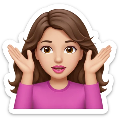 girl with long wavy brown hair, brown eyes, light to medium complexion, in a pink shirt, pink lips, long lashes, puckered lips, both hands in the air cheering sticker