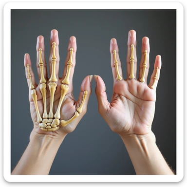 human hands and pig hooves side by side, transparent overlay showing similar bone structure of fingers and toes, illustrative hyperrealistic 4K sticker