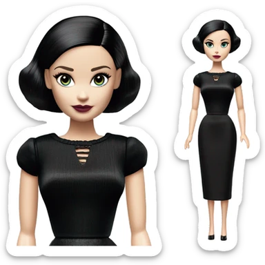 Really Hot elegant Wednesday Addams Barbie. Slinky silk well-fitted, backless black dress. very pale complexion. simple jewelry. Bedroom eyeshadow. Dark straight hair. sticker
