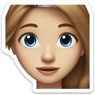 girl with long brown hair, fair skin, blue eyes and red mouth sticker