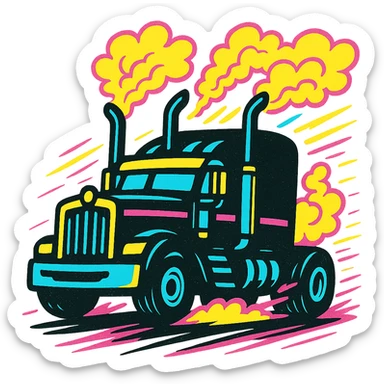 Animate the black Kenworth W680 cartoon truck with exaggerated chrome stacks and vibrant smoke, showing it moving quickly down the road with energetic motion lines, speed effects, and a lively cartoon look. Transparent background. sticker