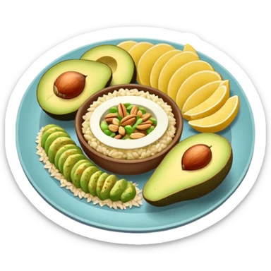 plato con comida variada granos aguacate rebanado salmon nueces arroz

 sticker