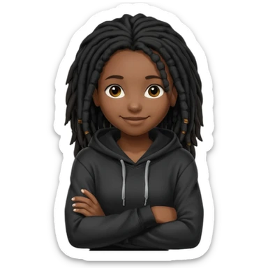 African American dark skin girl with shoulder length black dreadlocks wearing a plain black hoodie with arms folded sticker
