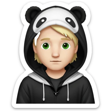A white man with green eyes, medium-length blond hair, wearing a panda hoodie and black pajama-like robes. sticker