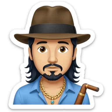 Man with black long wavy hair, brown eyes, tan skin and light black goatee blue shirt fedora hat gold chains with a cigar sticker