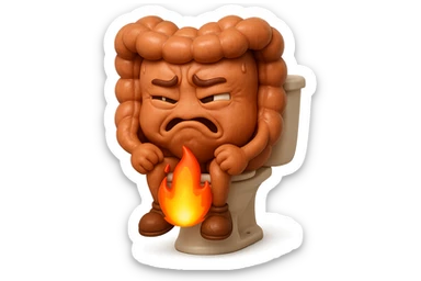 SU QUESTO STILE FAI UN EMOJI STILE IPHONE 3D DI UN INTESTINO CHE sta seduto sul wc e dal wc in mezzo alle sue gambe esce una fiamma stile emoji iphone, FAGLI UN ESPRESSIONE di dolore mentre si sforza E FALLO MOLTO REALISTICO IN 3D sticker