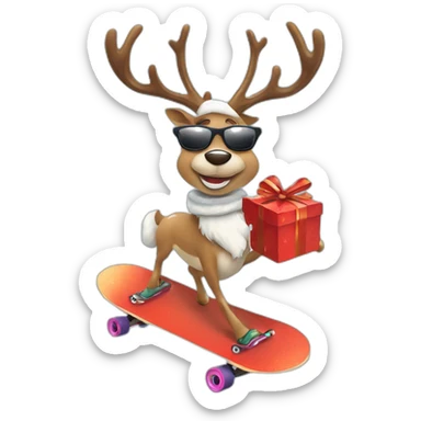 Stylish Reindeer wearing sunglasses delivering Christmas gift on skateboard, snowy background sticker